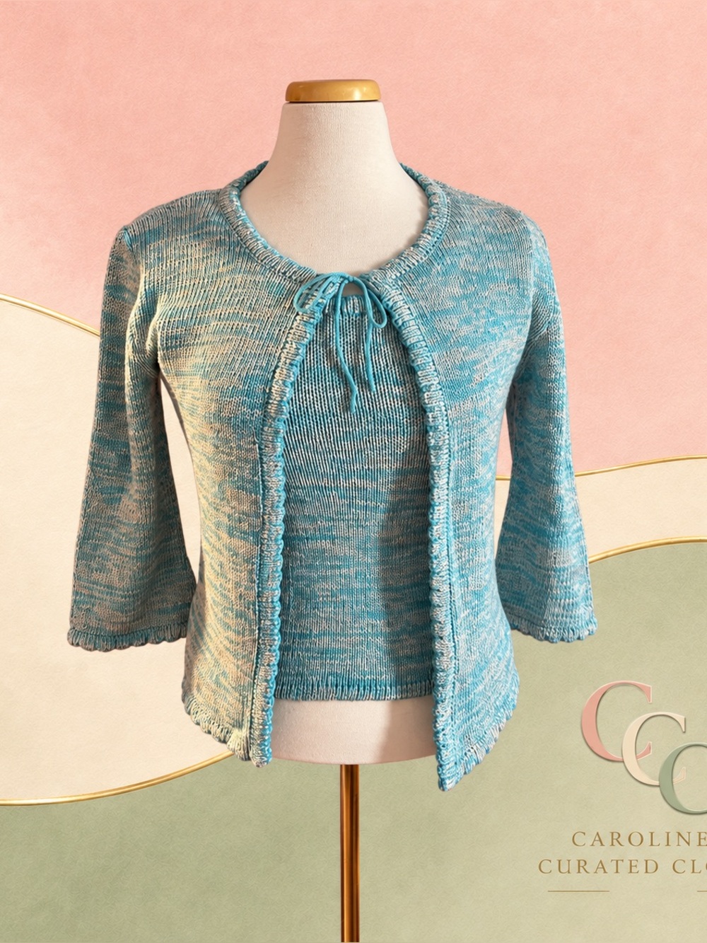 Charles Aqua Knit Twinset Tank & Tie-Front Cardigan vintage L fits like a S